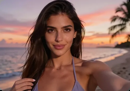 Marina, KI-Figur im Strand-Selfie am späten Nachmittag