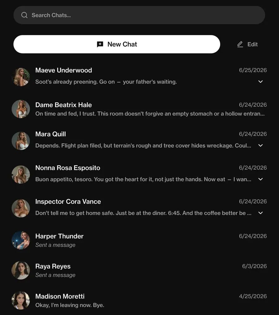 Liste von Unterhaltungen mit KI-Figuren in einer Chat-App