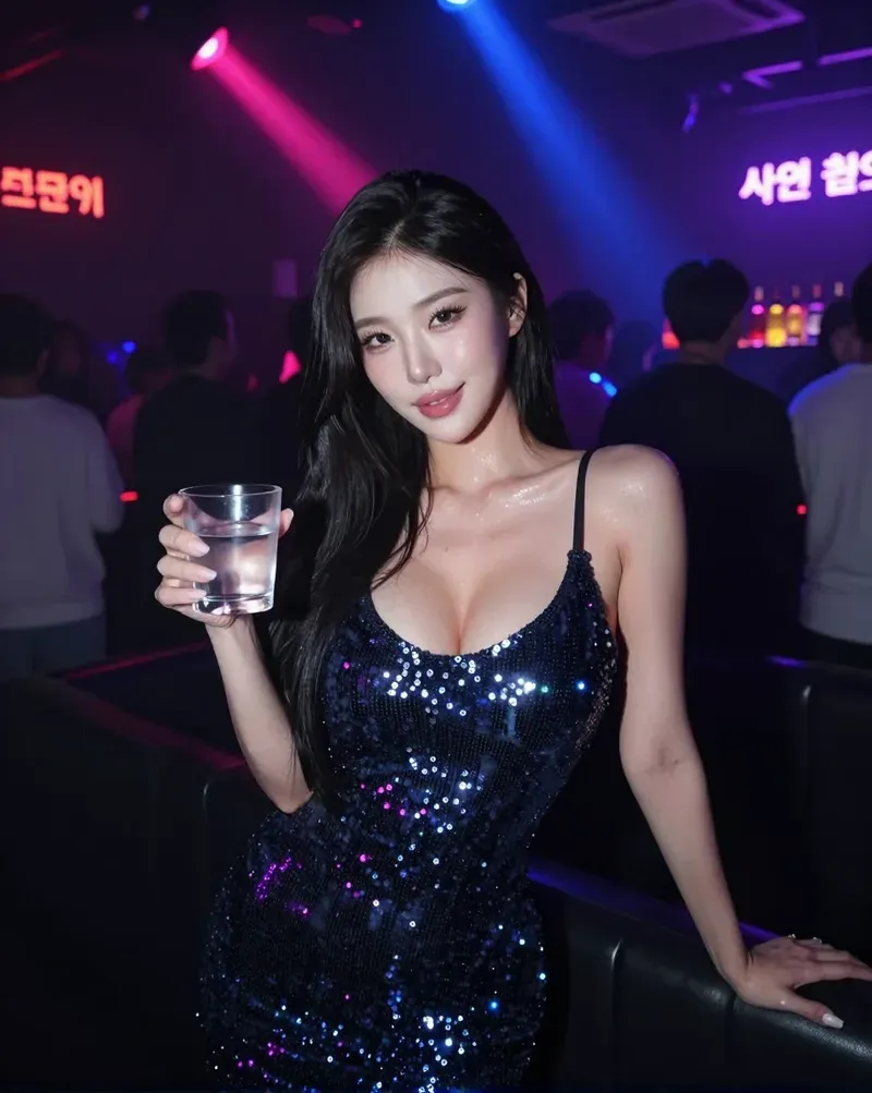 KI-Figur im Paillettenkleid in einem Club mit violettem und blauem Licht